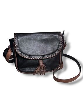 ILI NEW YORK Black & Brown Leather Saddle Bag Crossbody Whipstitch Detail